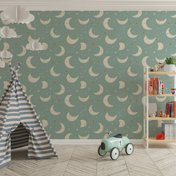 Kids room wallpaper with patterns | Soft moons and golden stars on a blue background