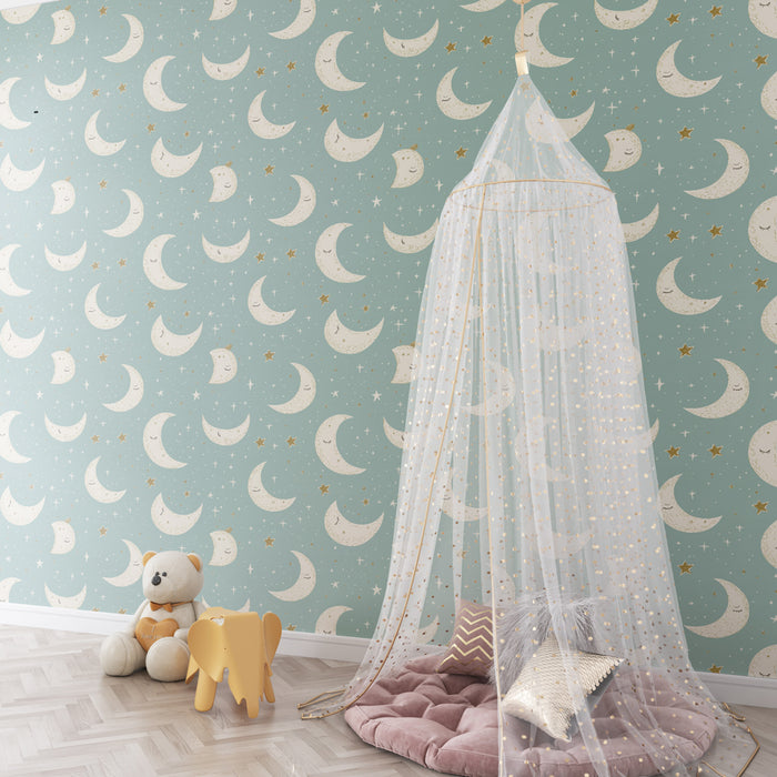 Kids room wallpaper with patterns | Soft moons and golden stars on a blue background