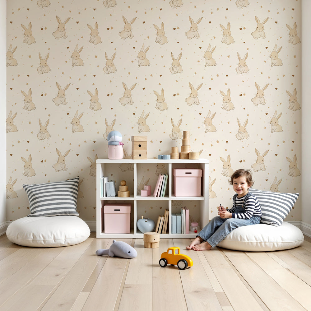 Papier peint chambre enfant à motifs | Mignon petit lapin et étoiles dorées, image size:1000x1000