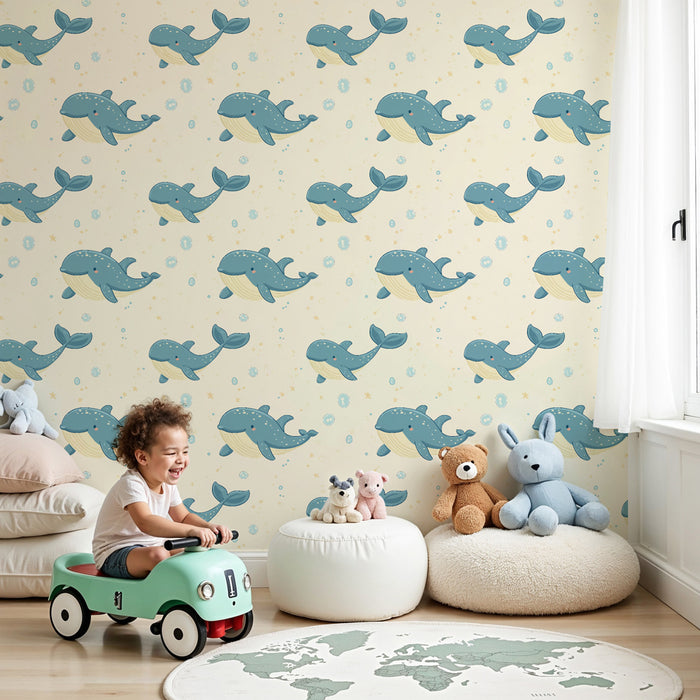 Kids room wallpaper with patterns | Cute blue whales on a cream background