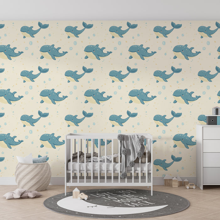 Kids room wallpaper with patterns | Cute blue whales on a cream background