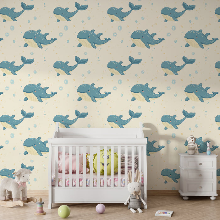 Kids room wallpaper with patterns | Cute blue whales on a cream background