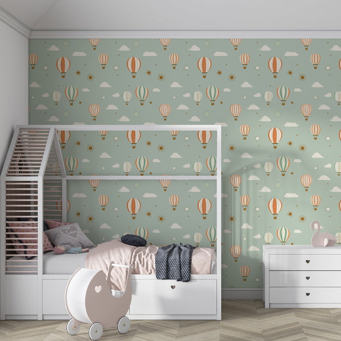 Kids room wallpaper with patterns | Colorful hot air balloons and fluffy clouds