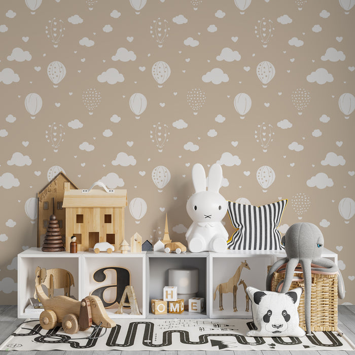 Papier peint chambre enfant à motifs | Montgolfières et nuages délicats