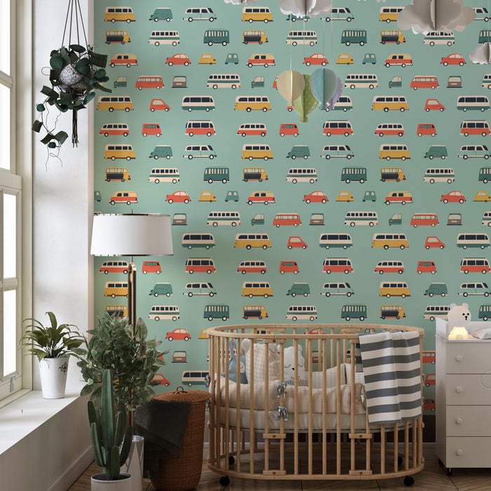 Kids room wallpaper with patterns | Colorful car patterns on a pastel background