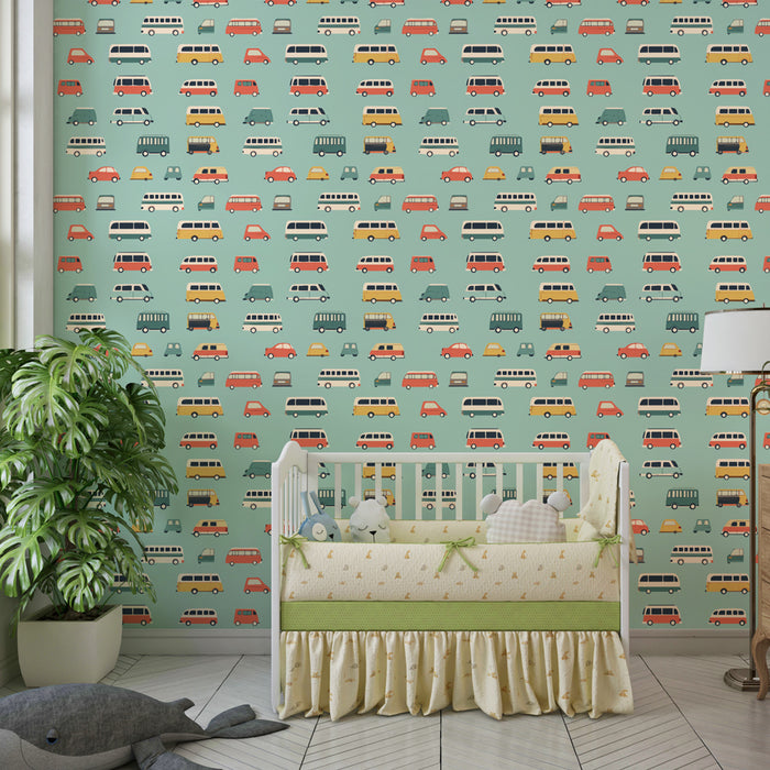 Kids room wallpaper with patterns | Colorful car patterns on a pastel background