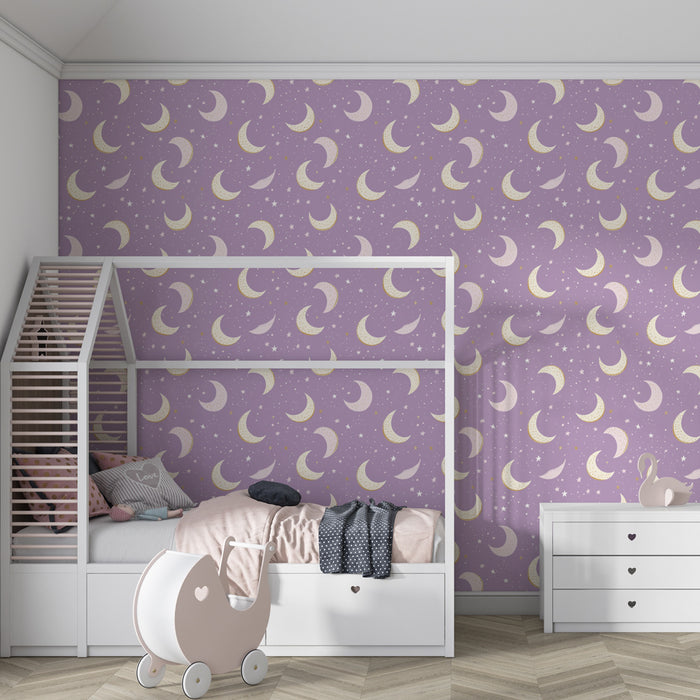 Tapet pentru camera copilului cu modele | Pereti cu stele si luni delicate pe fundal lila