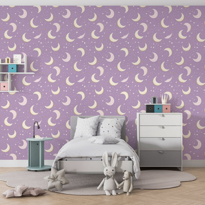 Tapet pentru camera copilului cu modele | Pereti cu stele si luni delicate pe fundal lila