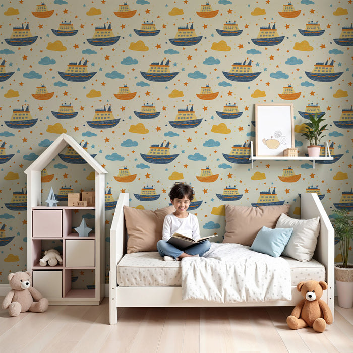 Papier peint chambre enfant à motifs | Navires colorés et nuages en douceur