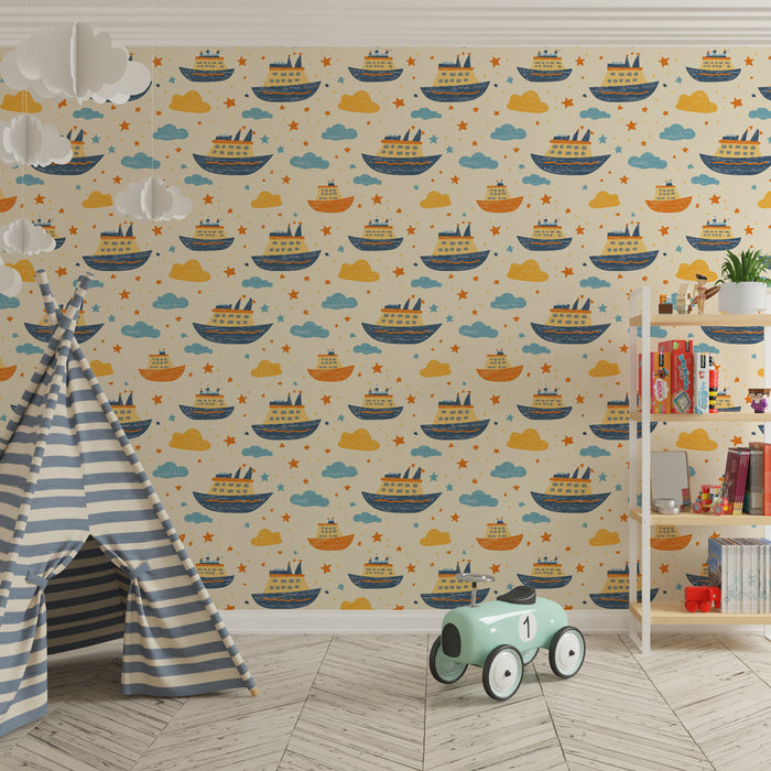 Papier peint chambre enfant à motifs | Navires colorés et nuages en douceur