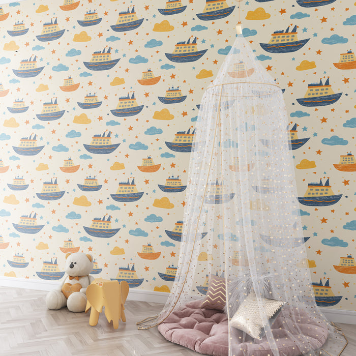 Papier peint chambre enfant à motifs | Navires colorés et nuages en douceur