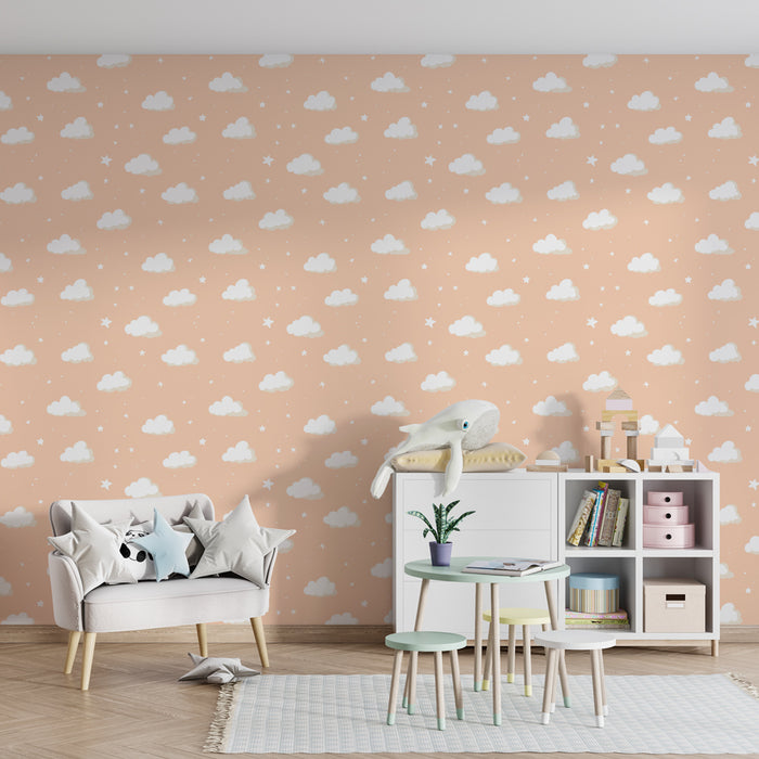 Kinderkamer behang met motieven | Zachte wolken op een perzikkleurige achtergrond