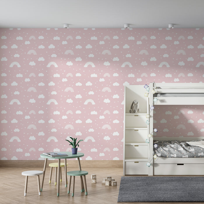 Kinderzimmer Tapete mit Mustern | Wolken und Regenbogen auf rosa Hintergrund