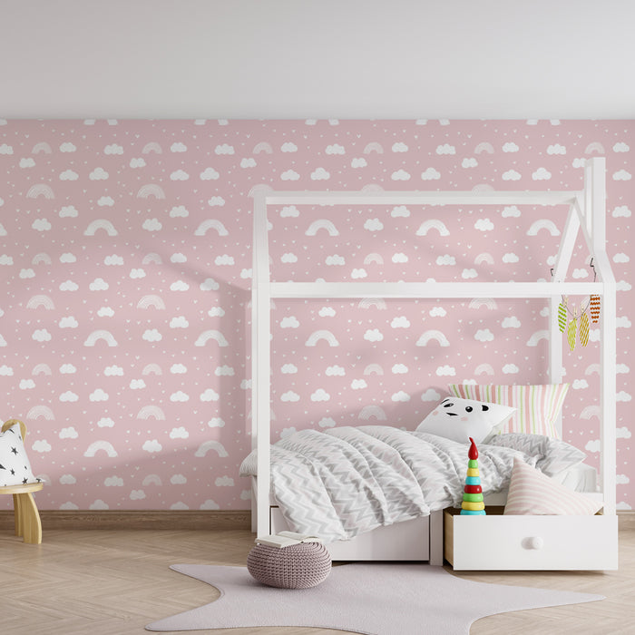 Kinderzimmer Tapete mit Mustern | Wolken und Regenbogen auf rosa Hintergrund