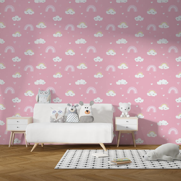 Papier peint chambre enfant à motifs | Nuages et arcs-en-ciel doux sur fond rose
