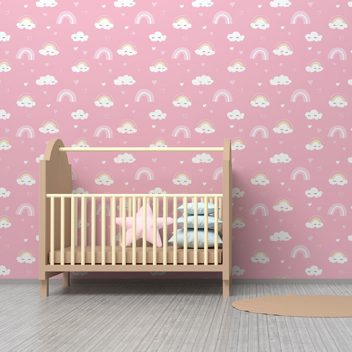 Papier peint chambre enfant à motifs | Nuages et arcs-en-ciel doux sur fond rose