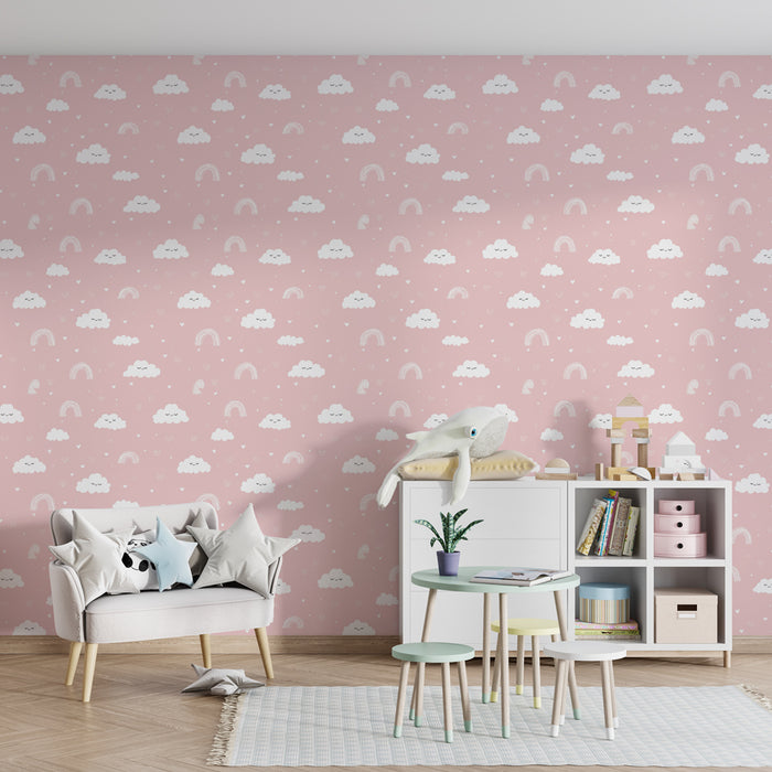 Papier peint chambre enfant à motifs | Nuages et arcs-en-ciel sur fond rose