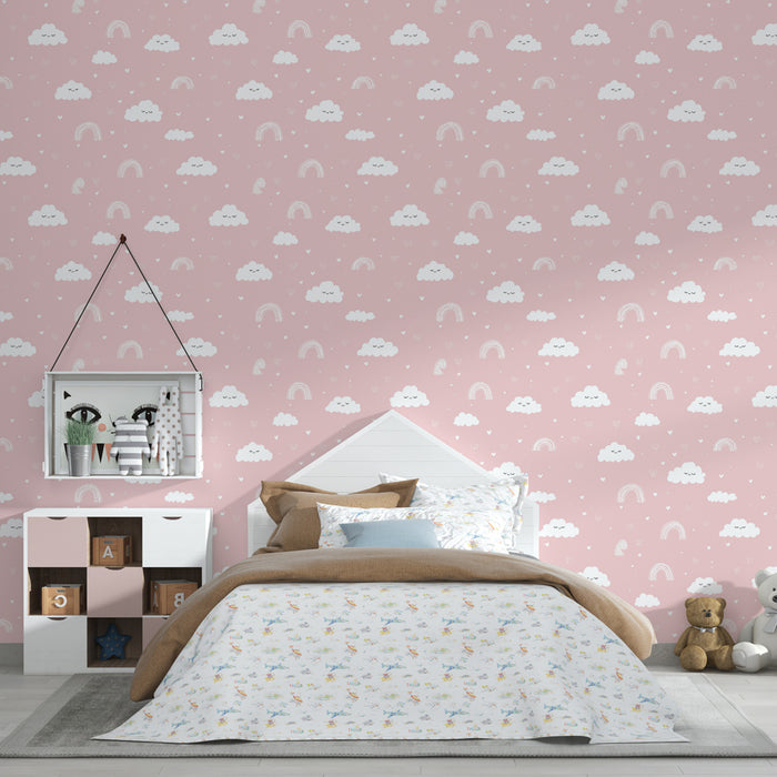 Papier peint chambre enfant à motifs | Nuages et arcs-en-ciel sur fond rose