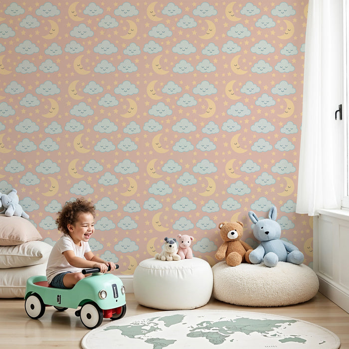 Kinderkamer behang met patronen | Lachende wolken en manen