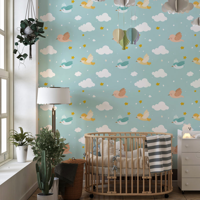Papier peint chambre enfant à motifs | Oiseaux colorés sur fond ciel