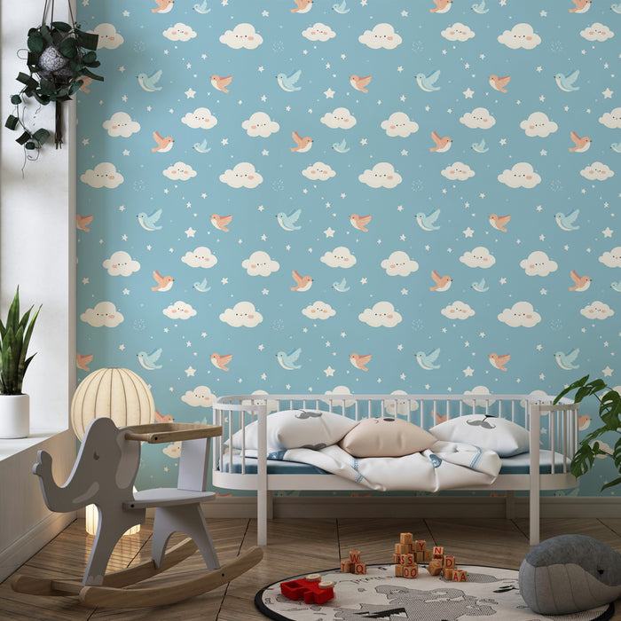Papier peint chambre enfant à motifs | Oiseaux joyeux et nuages doux sur fond bleu