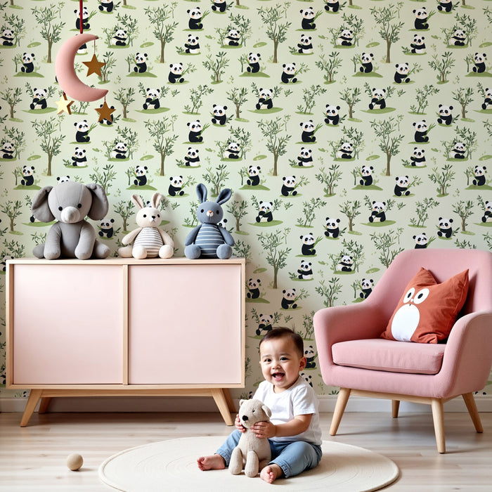 Kinderkamer behang met patronen | Grappige panda's en zachte bladeren