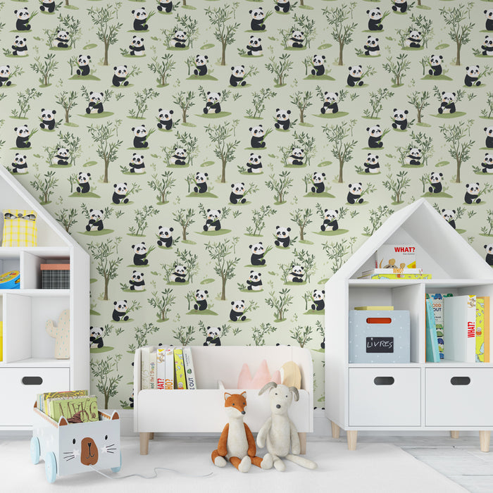 Kinderkamer behang met patronen | Grappige panda's en zachte bladeren