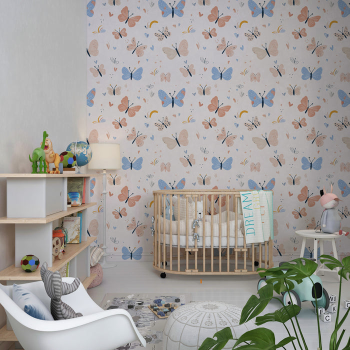Kids room wallpaper with patterns | Colorful butterflies on a soft background