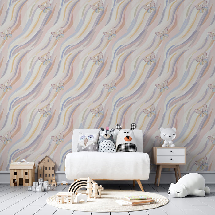 Papier peint chambre enfant à motifs | Papillons dans un décor pastel