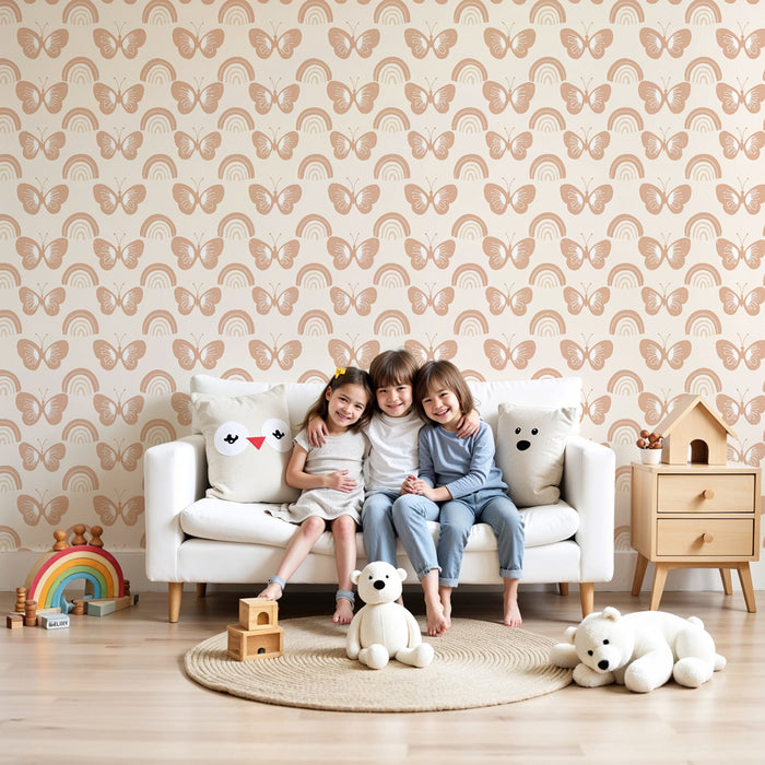 Kinderkamer behang met motieven | Delicate vlinders en zachte regenbogen