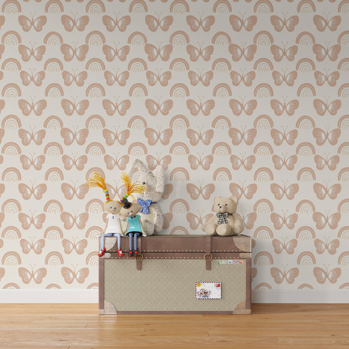 Kinderkamer behang met motieven | Delicate vlinders en zachte regenbogen