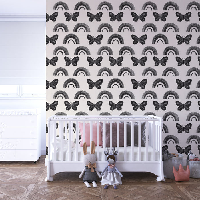 Kids room wallpaper with patterns | Butterflies and pretty rainbows