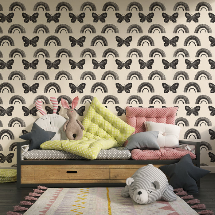 Kids room wallpaper with patterns | Butterflies and pretty rainbows
