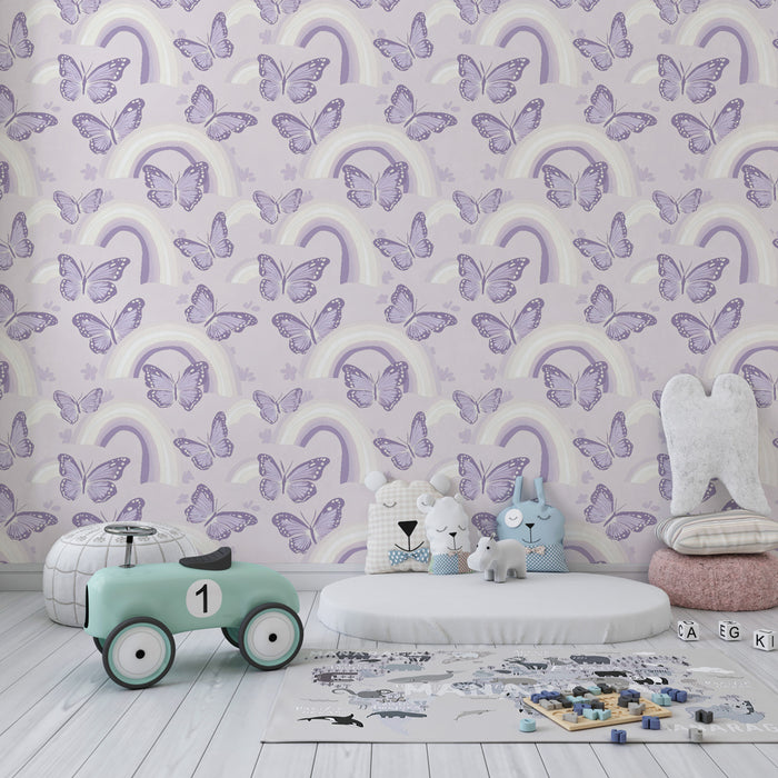 Papel pintado infantil con motivos | Mariposas violetas y arcoíris delicados