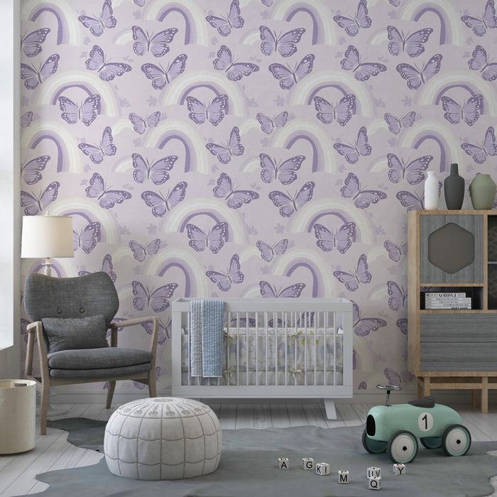 Papel pintado infantil con motivos | Mariposas violetas y arcoíris delicados