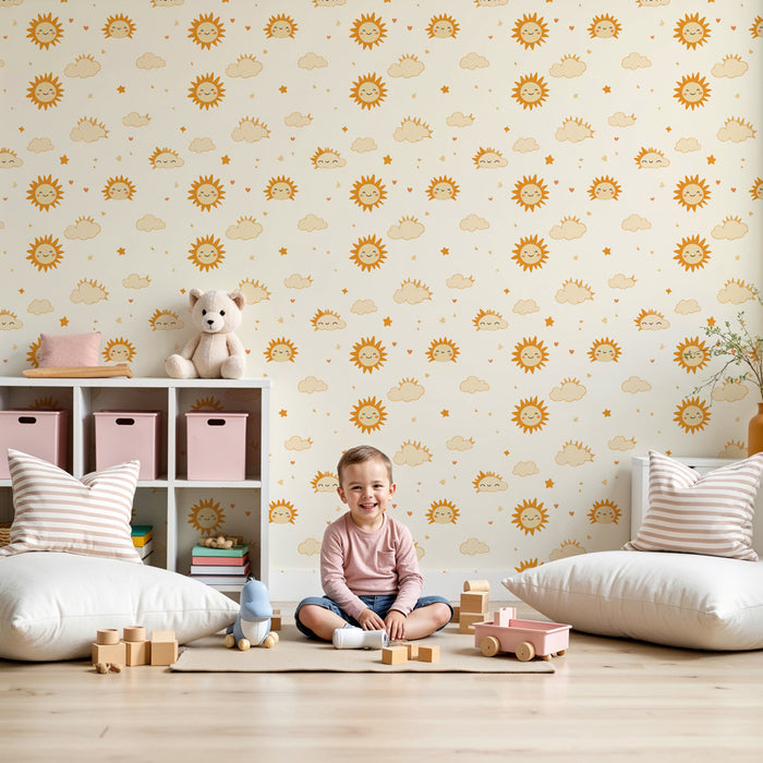 Kinderkamer behang met motieven | Kleine zonnen en lachende wolken