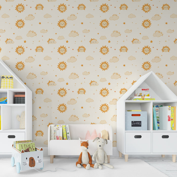 Kinderkamer behang met motieven | Kleine zonnen en lachende wolken