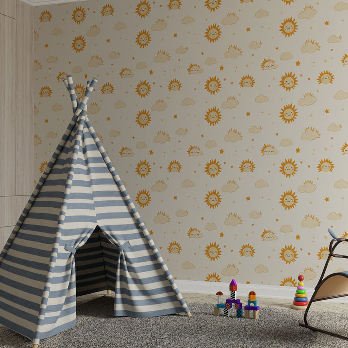 Kinderkamer behang met motieven | Kleine zonnen en lachende wolken
