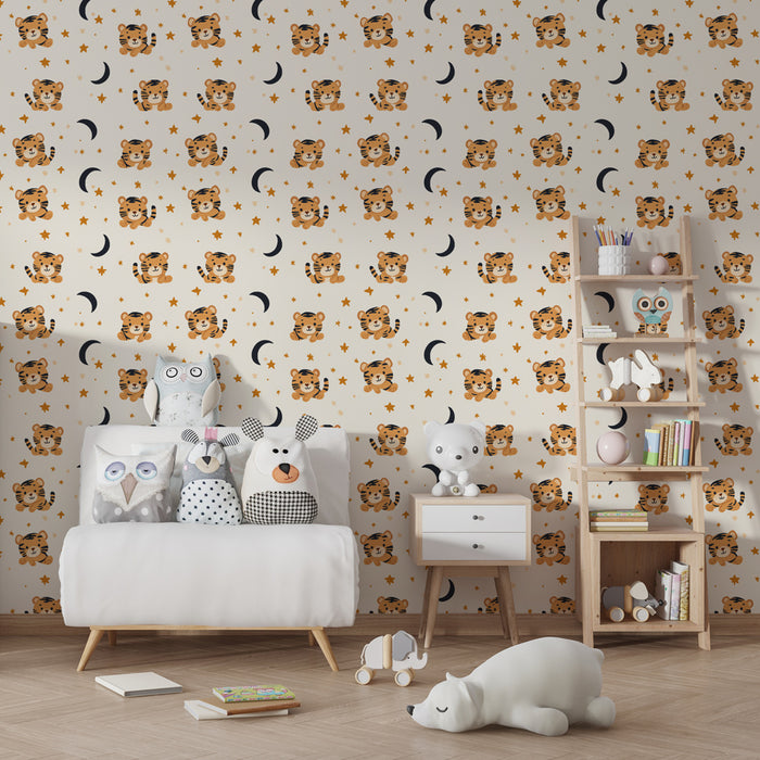 Kinderkamer behang met motieven | Kleine tijgers, sterren en gouden manen
