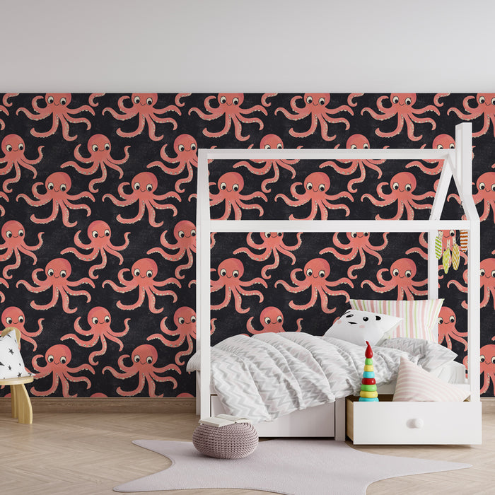 Kids room wallpaper with patterns | Fun octopuses on a dark background