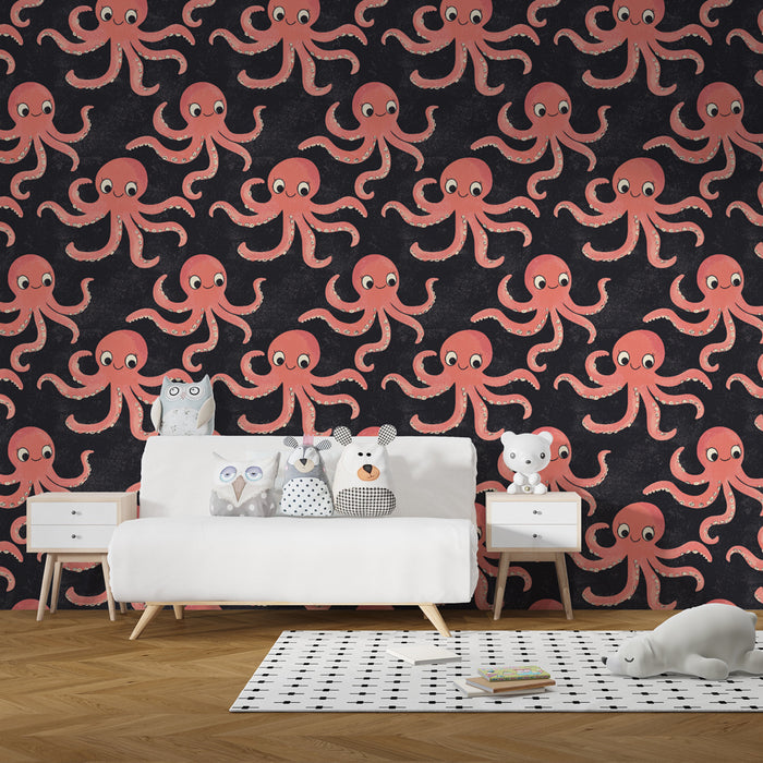 Kids room wallpaper with patterns | Fun octopuses on a dark background