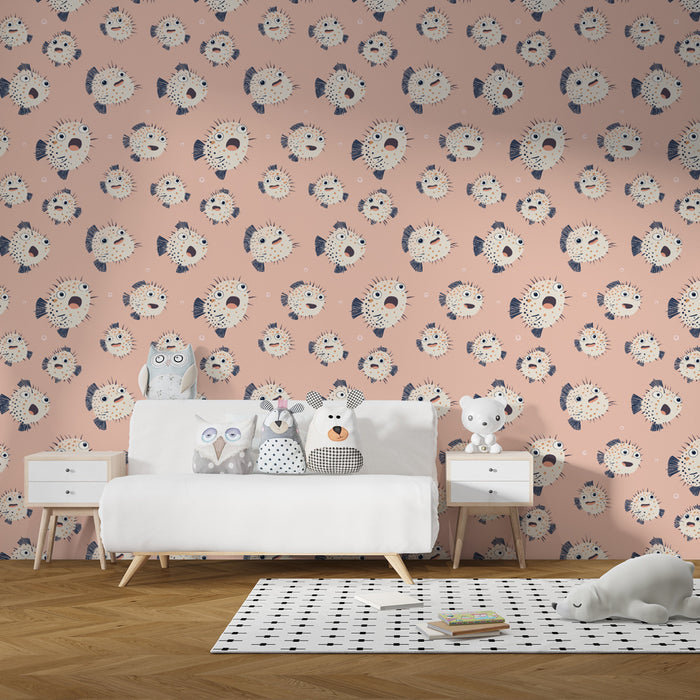 Kids room wallpaper with patterns | Cute fishes on a pink background