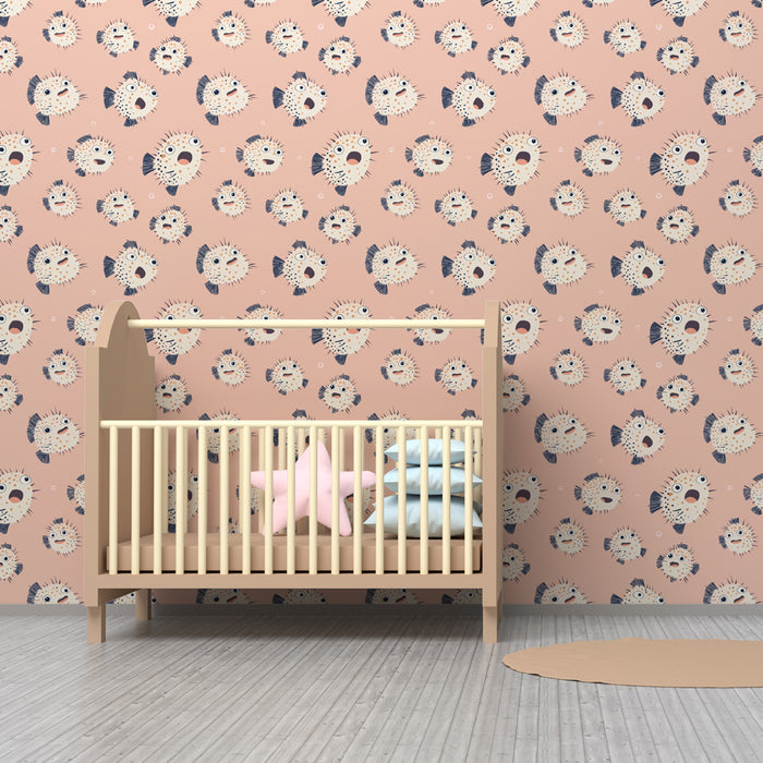 Kids room wallpaper with patterns | Cute fishes on a pink background