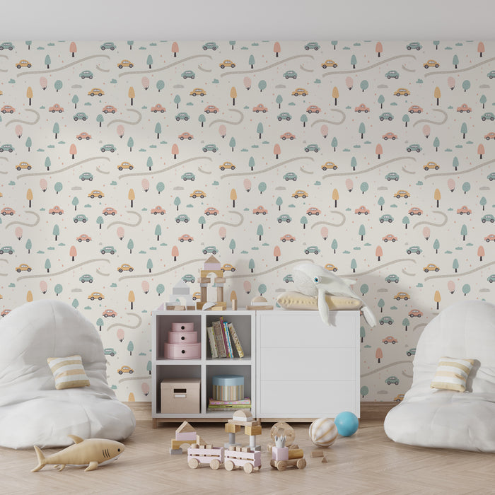 Kids room wallpaper with patterns | Winding road with colorful cars and delicate trees
