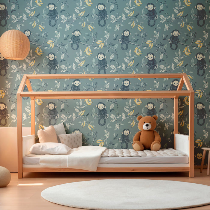 Tapet pentru cameră de copii cu modele | Maimuțe ștrengărești pe fundal pastel