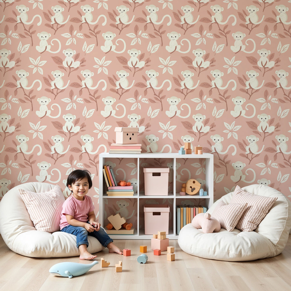 Papel de parede criança com padrões | Macacos fofos em fundo rosa, image size:1000x1000