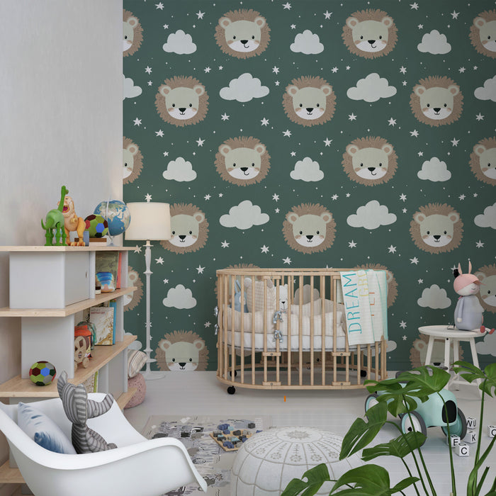 Kinderkamer behang met motieven | Schattige leeuwenhoofden op een groene achtergrond met wolken