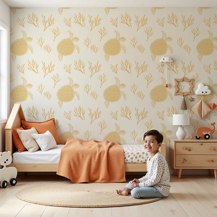 Kids room wallpaper with patterns | Sea turtles and golden corals