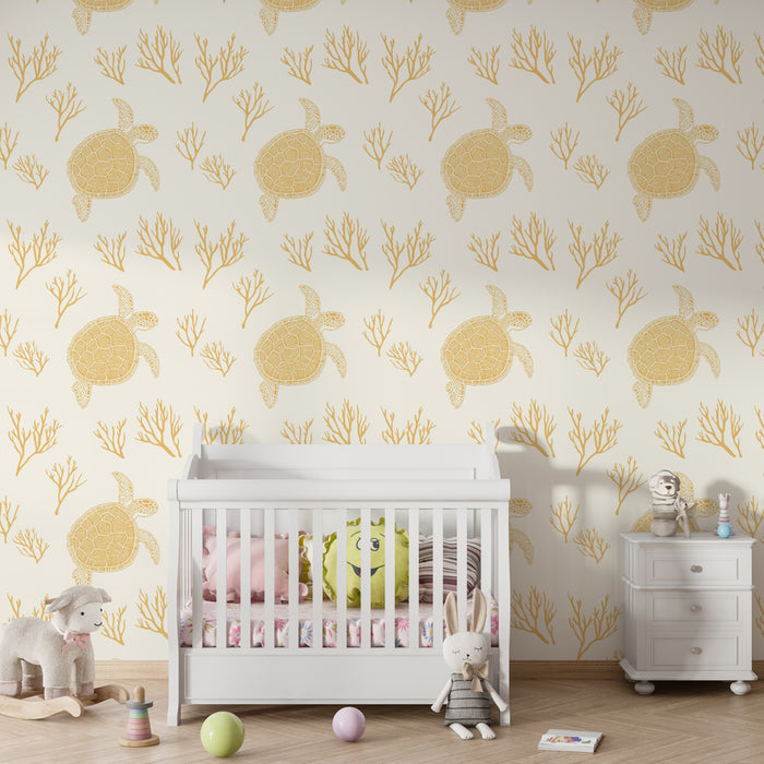 Kids room wallpaper with patterns | Sea turtles and golden corals