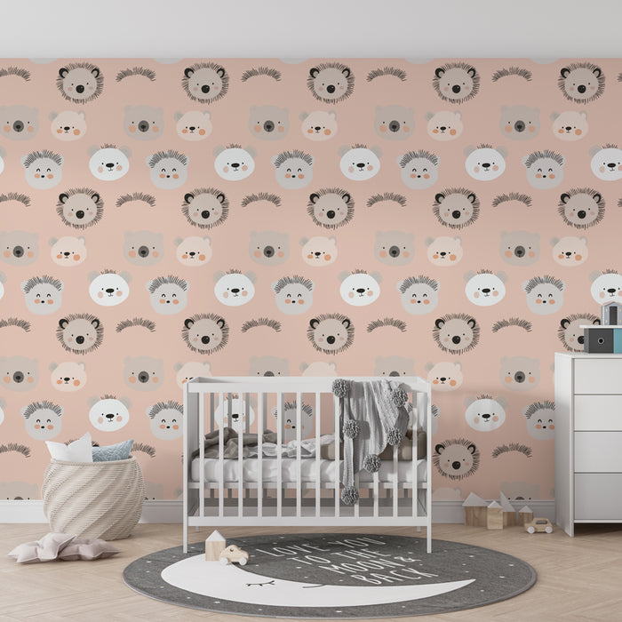 Kids room wallpaper with patterns | Adorable animal faces on a pink background